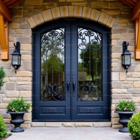 Elegant Arched Double Doors With Decorative Scrollwork and Stone Archway