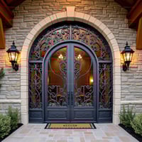 Arched Double Door With Floral Glass Inlay and Stone Archway