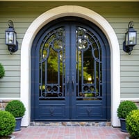 Arched Dark Blue Metal Double Door With Fleur-de-lis Details