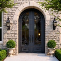 Arched Dark Grey Metal Double Door With Ornate Glass Grille