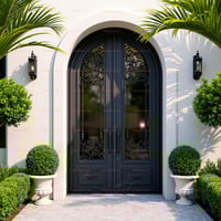 Arched Double Doors With Wrought Iron Overlay, Glass Panels, and Decorative Pull Handles