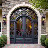 Arched Double Door With Wrought Iron Detail and Glass Inserts