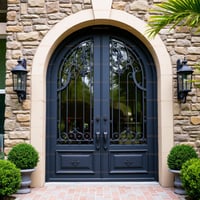 Arched Double Doors With Iron Grille and Dark Gray Metal Frame