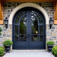 Arched Double Doors With Geometric Metal Grille and Stone Surround