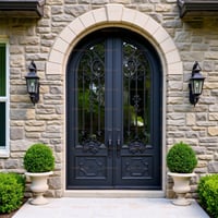 Arched Double Front Door With Metal Scrollwork, Glass Panels, and Stone Frame