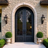 Elegant Arched Double Door With Decorative Ironwork and Stone Frame 1
