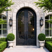 Arched Double Doors With Decorative Wrought Iron Overlay and Stone Frame