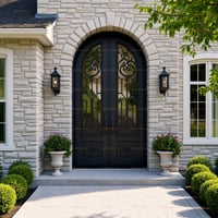 Arched Double Front Doors With Iron Grilles and Stone Surround