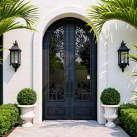 Arched Wrought Iron Double Door With Intricate Floral Design