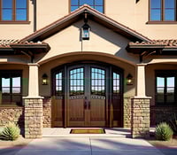 Grand Arched Mahogany Double Doors: Spanish Colonial Revival Entrance With Glass Panes