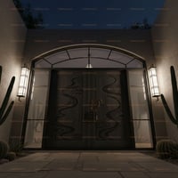 Grooved Wood Double Doors With Arched Transom and Sidelights at Night