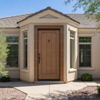 Arched Solid Wood Door With Wrought Iron Knocker and Beige Trim