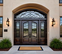 Arched Double Doorway With Decorative Metal Grille and Sidelights