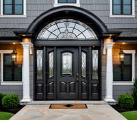 Elegant Gray Entry Door With Leaded Glass Sidelights and Arched Transom 1