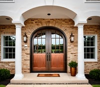 Arched Double Entry Door With Crossbuck Copper Panels and Divided Glass