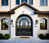 Ornate Arched Double Door With Wrought Iron Scrollwork and Stone Walkway