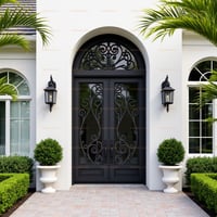 Elegant Black Metal and Glass Double Doors With Ornate Scrollwork Entrance