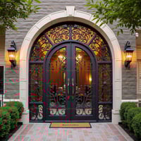 Ornate Black Iron Double Door With Arched Top and Glass Sidelights