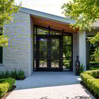 Elegant Black Metal and Glass Double Doors With Ornate Metalwork