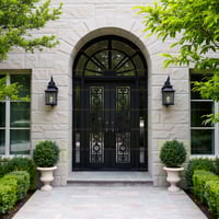 Elegant Black Metal and Glass Double Door With Arched Sunburst Transom