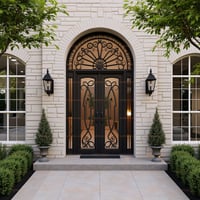 Elegant Black Arched Double Door With Wrought Iron and Glass Detailing