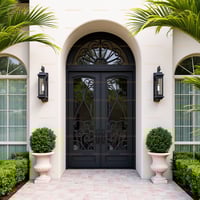 Arched Black Metal and Glass Double Door With Sunburst Design 1