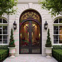 Arched Wrought Iron Double Doors With Scrollwork and Stone Archway