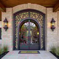 Elegant Black Wrought Iron and Glass Double Door With Arched Top