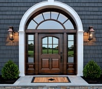 Arched Mahogany Entry Door With Sidelights and Decorative Glass Panes