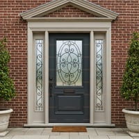 Elegant Gray Entry Door With Oval Glass, Wrought Iron, and Sidelights