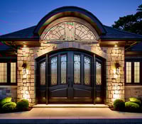 Elegant Arched Double Door With Ornate Metalwork and Stone Entryway
