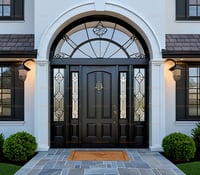 Elegant Black Paneled Wood Door With Arched Transom and Decorative Sidelights