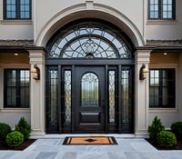 Elegant Arched Entry Door With Ironwork and Glass Detailing