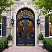 Arched Double Metal Door With Filigree Design and Stone Archway