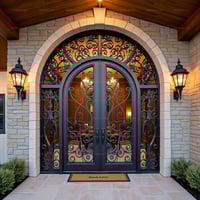 Arched Double Doors With Dark Metal Scrollwork and Stone Entryway