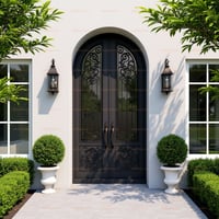 Arched Dark Metal Double Door With Glass and Scrollwork Design