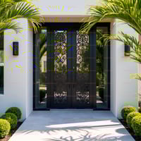 Dark Metal Double Door With Scrollwork Design and Glass Panels