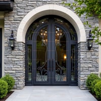 Arched Double Front Door With Dark Metal, Glass Panels, and Stone Columns