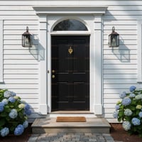 Elegant Black Four-panel Door With Semicircular Transom and Brass Hardware
