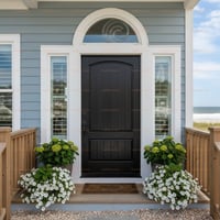 Black Plank Door With Arched Top, Decorative Window, and Ocean View