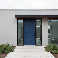 Modern Blue Flat-panel Door With Sidelights and Gray Overhang