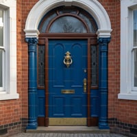 Blue Paneled Door With Brass Hardware and Leaded Glass Sidelights