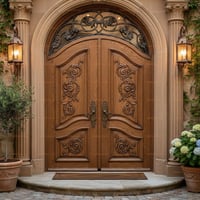 Arched Wood Entry Doors With Floral Carvings and Stone Archway