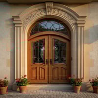 Arched Double Wooden Door With Ornate Grillwork and Stone Frame