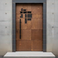 Rusted Metal Panel Door With Geometric Cutout and Vertical Handle