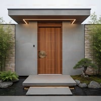Modern Wooden Slab Door With Gold Handle in Zen Garden Setting