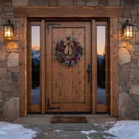 Solid Wood Plank Door With Sidelights, Wreath, and Stone Facade