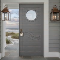 Gray Plank Door With Porthole Window, Carved Waves, and Orb Doorknob