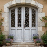 Arched Light Gray Wood Double Door With Wrought Iron Grilles