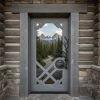 Rustic Light Grey Wood Door With Geometric Window and Branch Handle